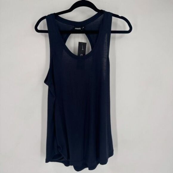 NWT Mono B Overlay Back Workout Tank Top Jersey Knit Open Back Large Navy Blue - Picture 2 of 9